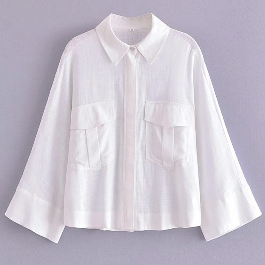 

Dave&Di French Country Style White Pocket Blouse Ladies Elegant Casual Fashion Commuter Shirt Women