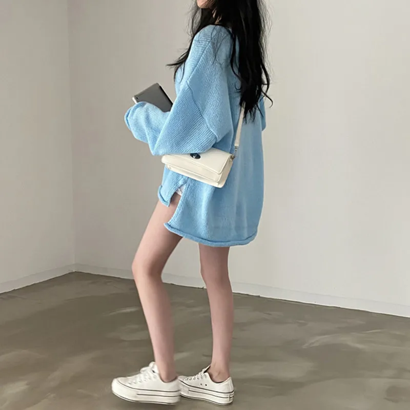 2025 Autumn Loose Women Knitted Tops Winter Y2K Sweater Elegant Casual Solid Knitwear Fashion New Blue Pullover Clothing