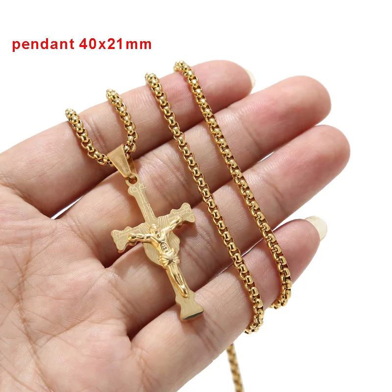 

Gold Plated Stainless Steel Fashion Charm Tiny Crucifix Jesus Cross Pendants Necklaces 24'' For Men Gifts Jewelry Findings New
