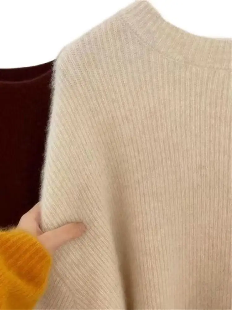 여성용 라운드 넥 캐시미어 스웨터, 두꺼운 회색 양모, 모헤어, 소프트 니트 스웨터, 긴팔 풀오버, 기본 상의, 2023 가을, 겨울