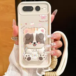 Lucky Cat Sky Eye Bracket Lanyard Silicone Phone Case Cover - Google Pixel 8 Pro (WHITE)