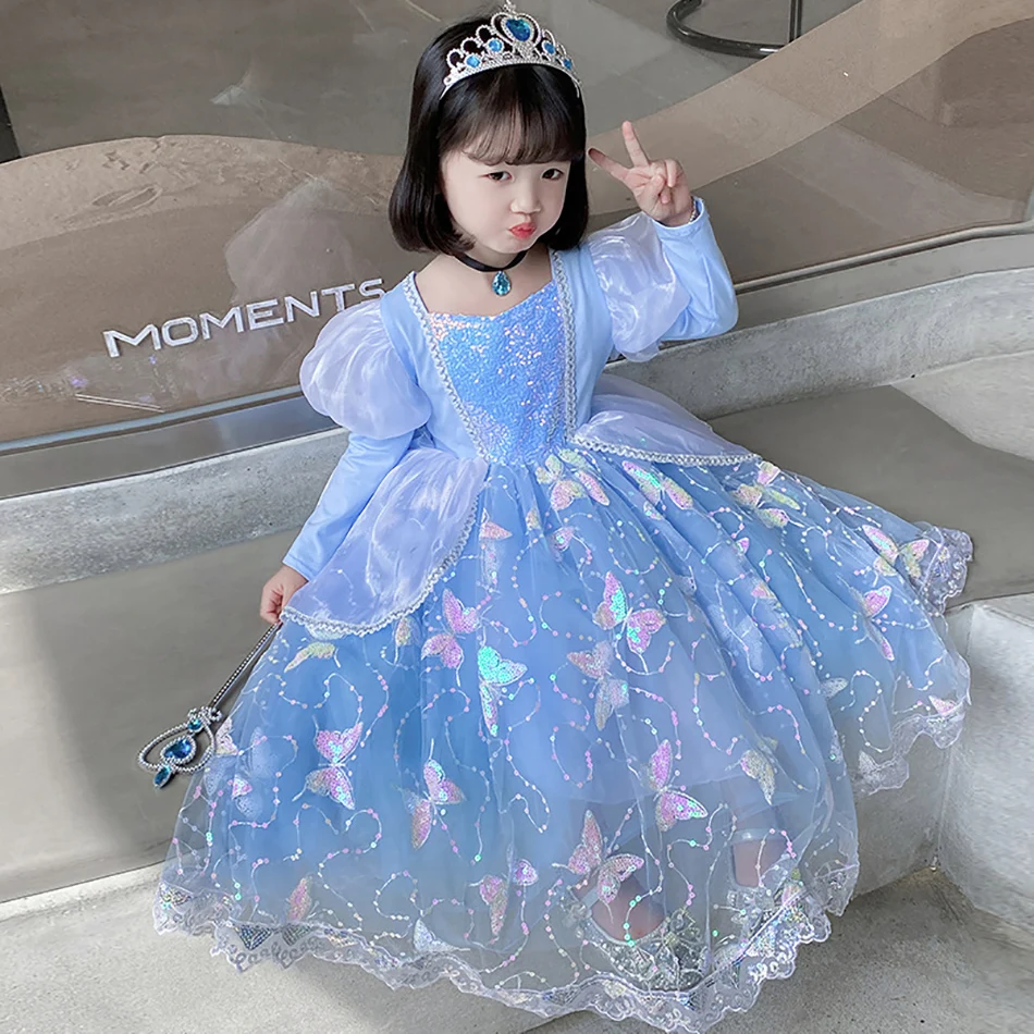 Vestido Infantil Princesa Cinderela Azul Manga Longa / Roupas De  Aniversário Para Crianças