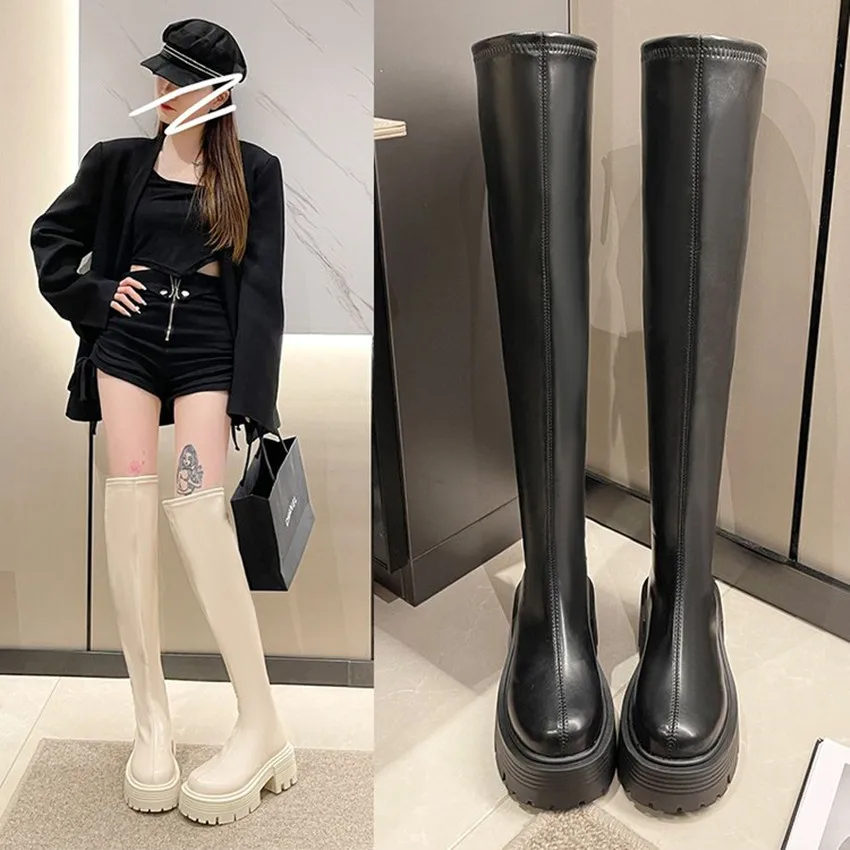 2024 NEW Shoes Woman High Heels Platform Leather High Boot Shoe Black Winter Booties Fashion Women Motorcycle Heel Casual Boots