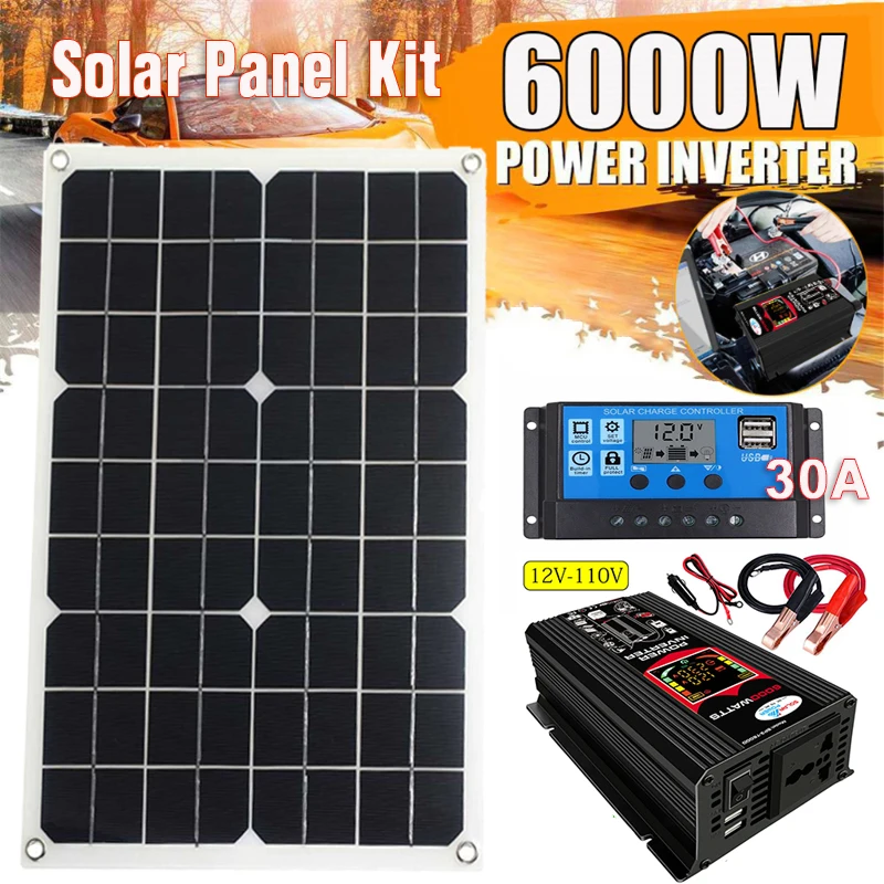 Kit Solaire Système de Production d'Énergie, Onduleur de Puissance 6000W  12V à 110 V, 220V avec Écran LCD Intelligent, Double USB, Régulateur Solaire  30A - AliExpress