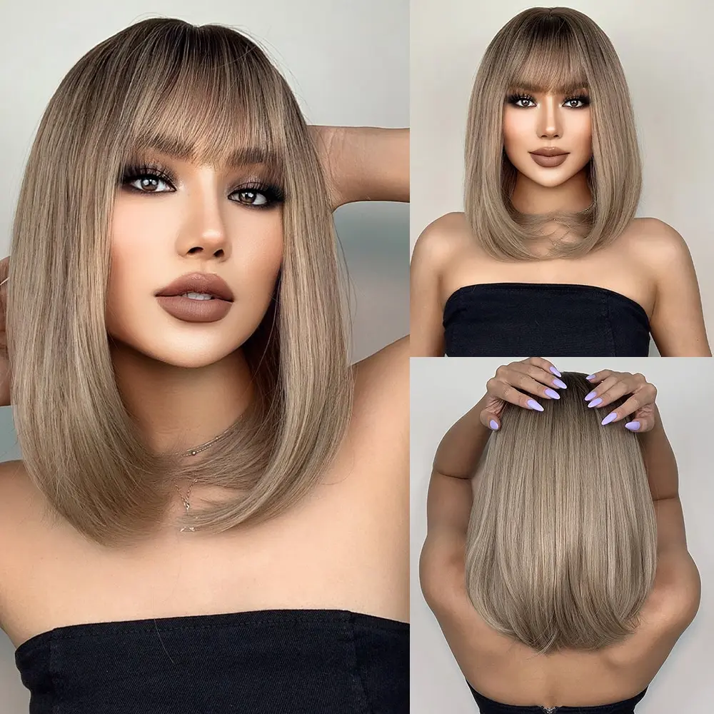 Short Straight Bob Wigs With Bangs Golden Brown Natural Synthetic Hair For  Women Daily Cosplay Heat Resistant Fiber - Aliexpress