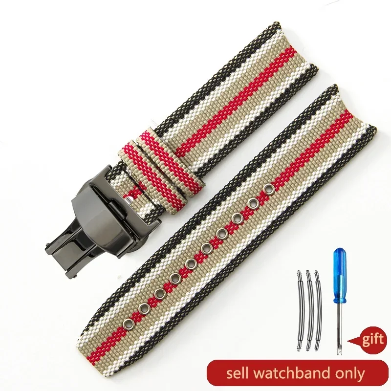 Men's Genuine Leather Cowhide Stripe Watch Strap in Nylon Canvas with Fold Buckle, 22mm