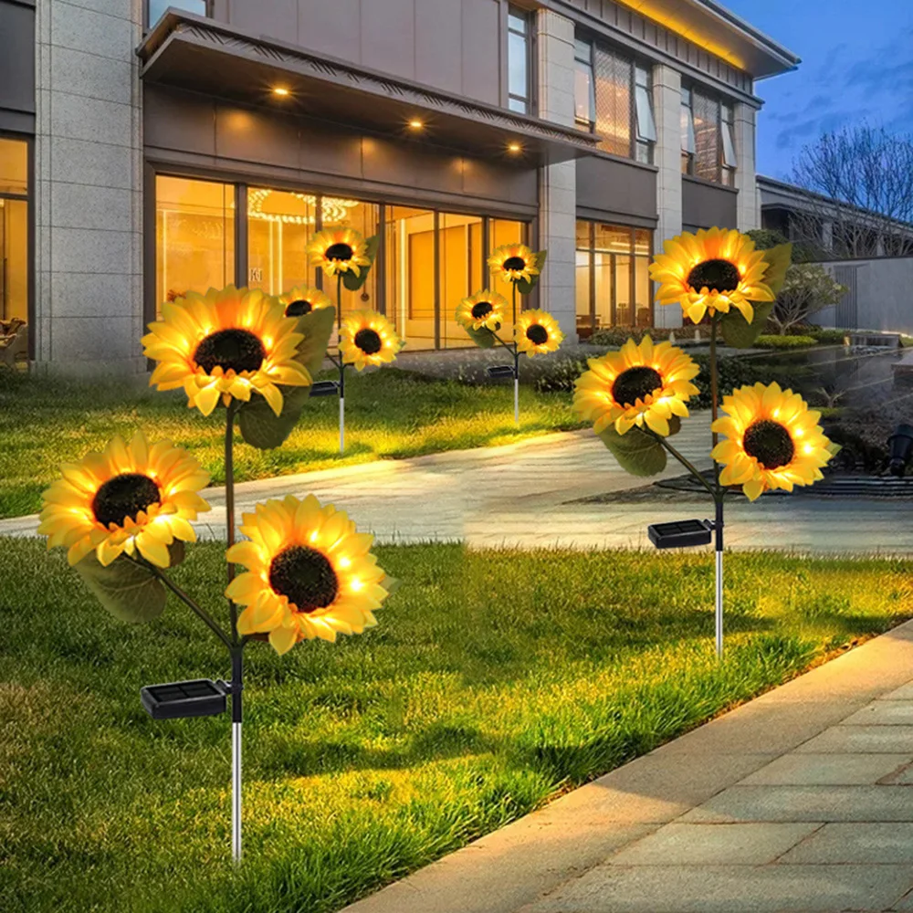 

1-3 Head LED Solar Sunflowers Rose Flower Light Garden Yard Lawn Night Lamp LED Light Home Garden Decoration Flower Lights