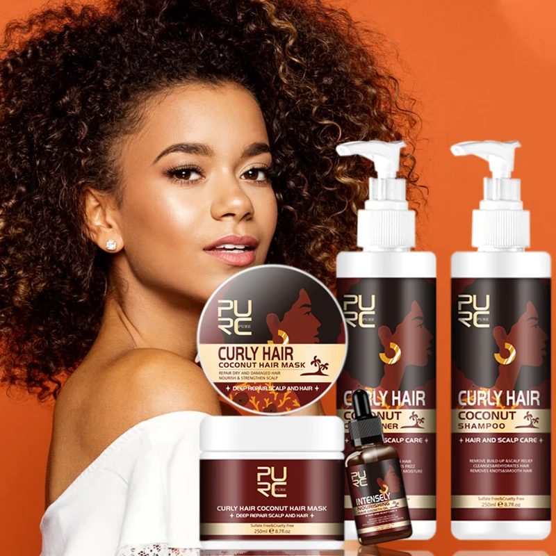 PURC Coconut Oil Hair Care Set Curly Shampoo Natural Organic Conditioner And Hair Mask for Black Women Scalp Treatment Products