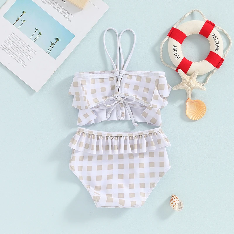 

Little Girl s Summer Bikini 2 Pcs Set Plaid Print Crop Cami Tops with Ruffled Shorts Swimsuit