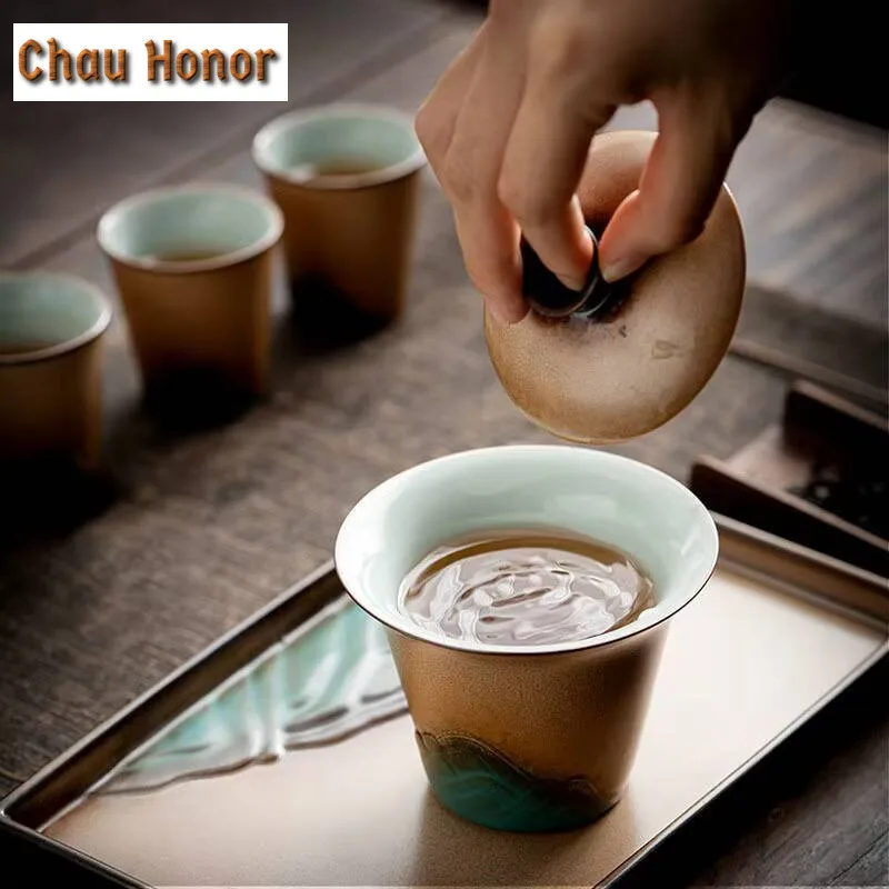 130ml Retro Distant Hills Coarse Pottery Gaiwan Japanese Tea Tureen Tea Bowl with Lid Kit Tea Maker Cover Bowl Teaset Ornaments