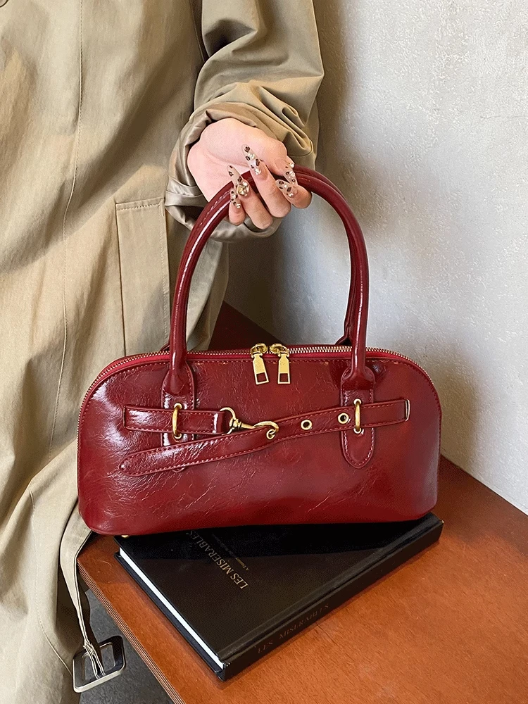 Vintage Oil Waxed Leather Shoulder Bag autumn solid color lady handbags women classic red wedding bag