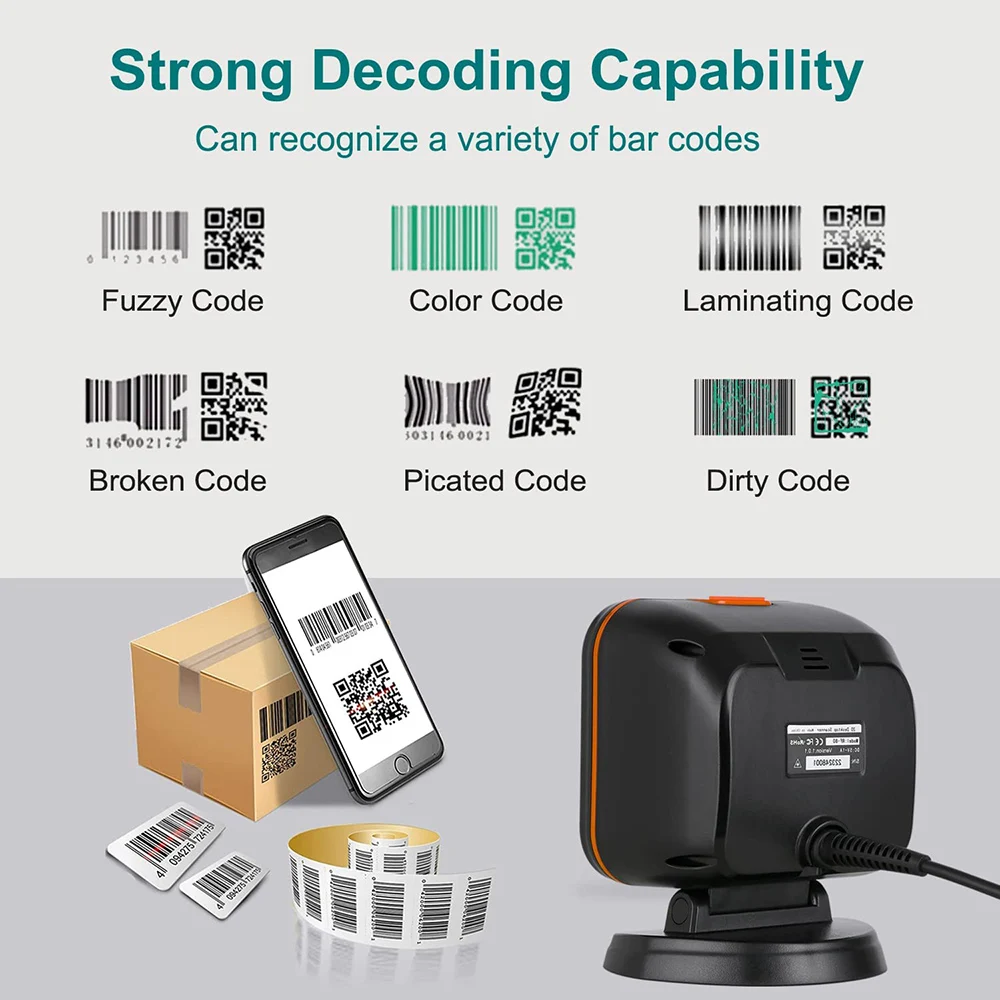 Hands-Free 1D 2D QR Desktop Barcode Scanner Omnidirectional  Automatic USB Wired for POS System with Super Wide Scan Window document scanner