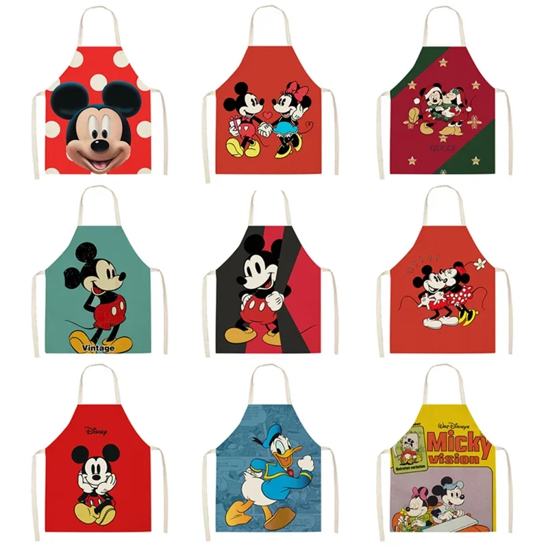 Disney Mickey Minnie Cartoon Printed Kitchen Aprons for Adult Kids Household Linen Bib Fruits Cooking Baking Apron Cleaning Tool
