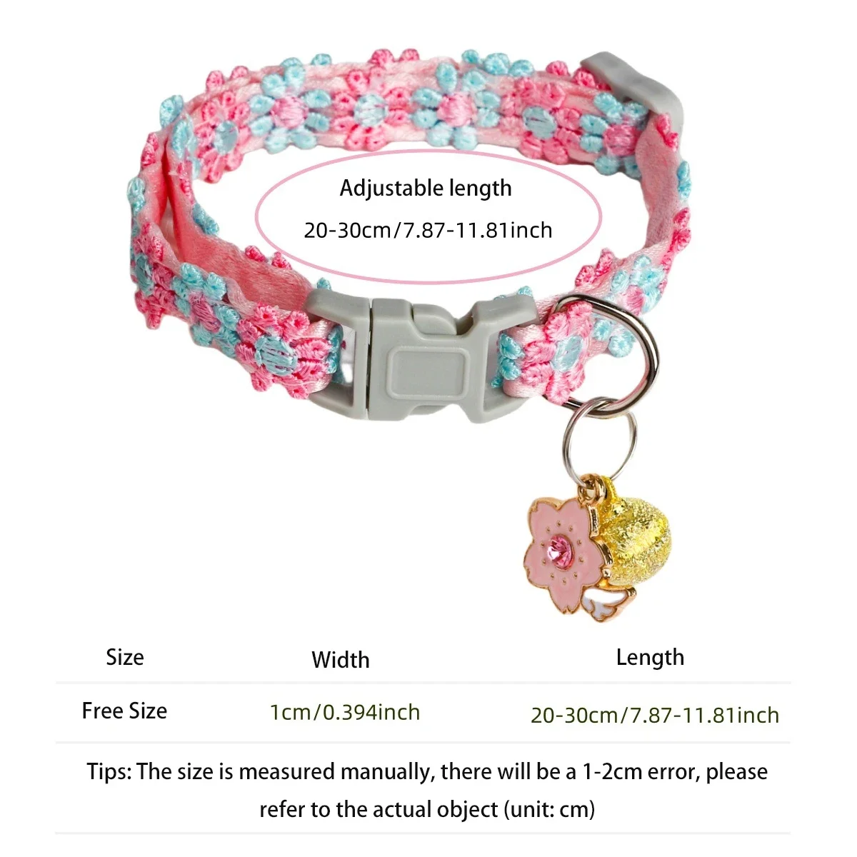 Cherry Blossom Embroidered Cat Collar with Bell – Breakaway Safety Buckle 6