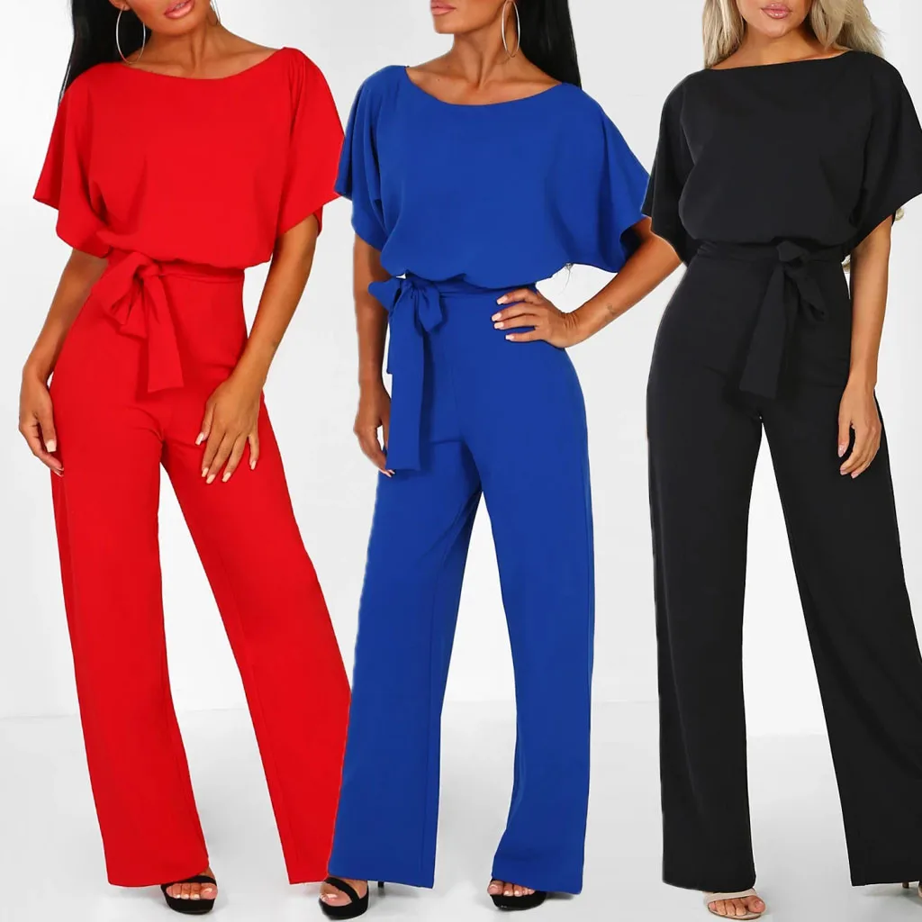 

Women Wide Leg Solid Color Jumpsuit With Belt Short Straight Sleeve Playsuit Jumpsuit Women'S Clubwear Rompers Overalls