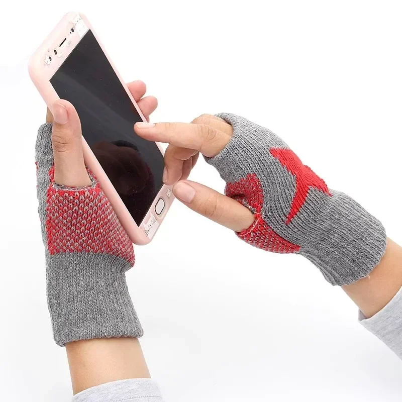 Fingerless Gloves Y2K Fashion Pentagram Knitted Fingerless Winter Gloves Soft Warm Wool Knitting for Men Women