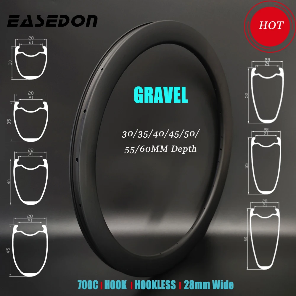 EASEDON Carbon Rim, 700C Road Bike Boost Gravel 28mm Wide 35 40 45 50 55 60mm Deep Clincher Tubeless Bicycle Wheel UD 3K 12K Matte Glossy