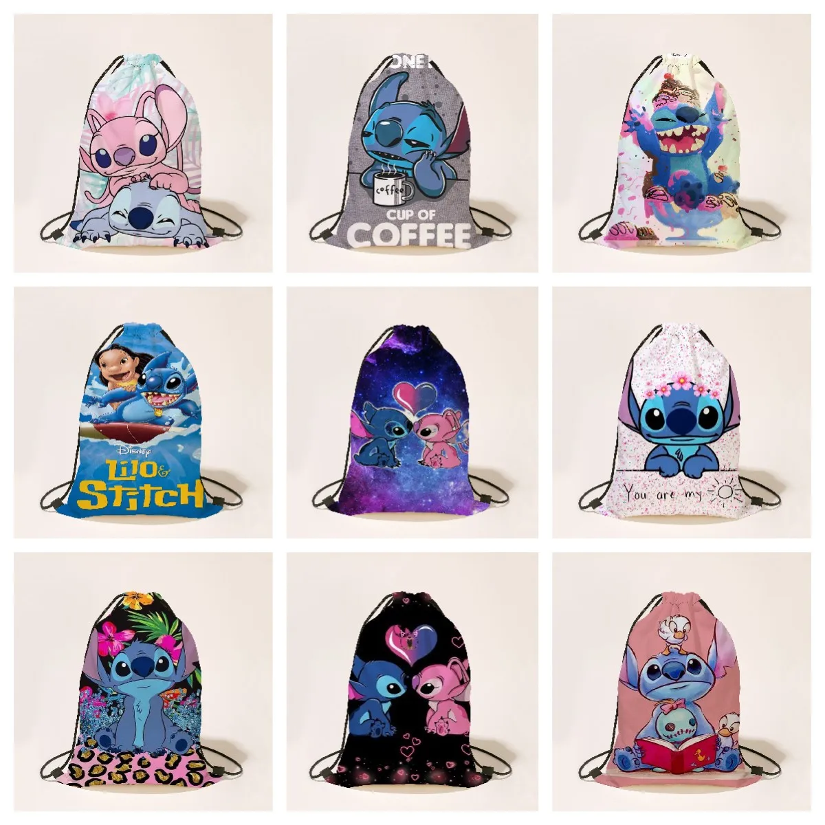 

Disney Anime Stitch Print Bundle Pocket Cute Large Capacity Drawstring Bag Kids Cartoon Drawstring Backpack Gift Storage Bag