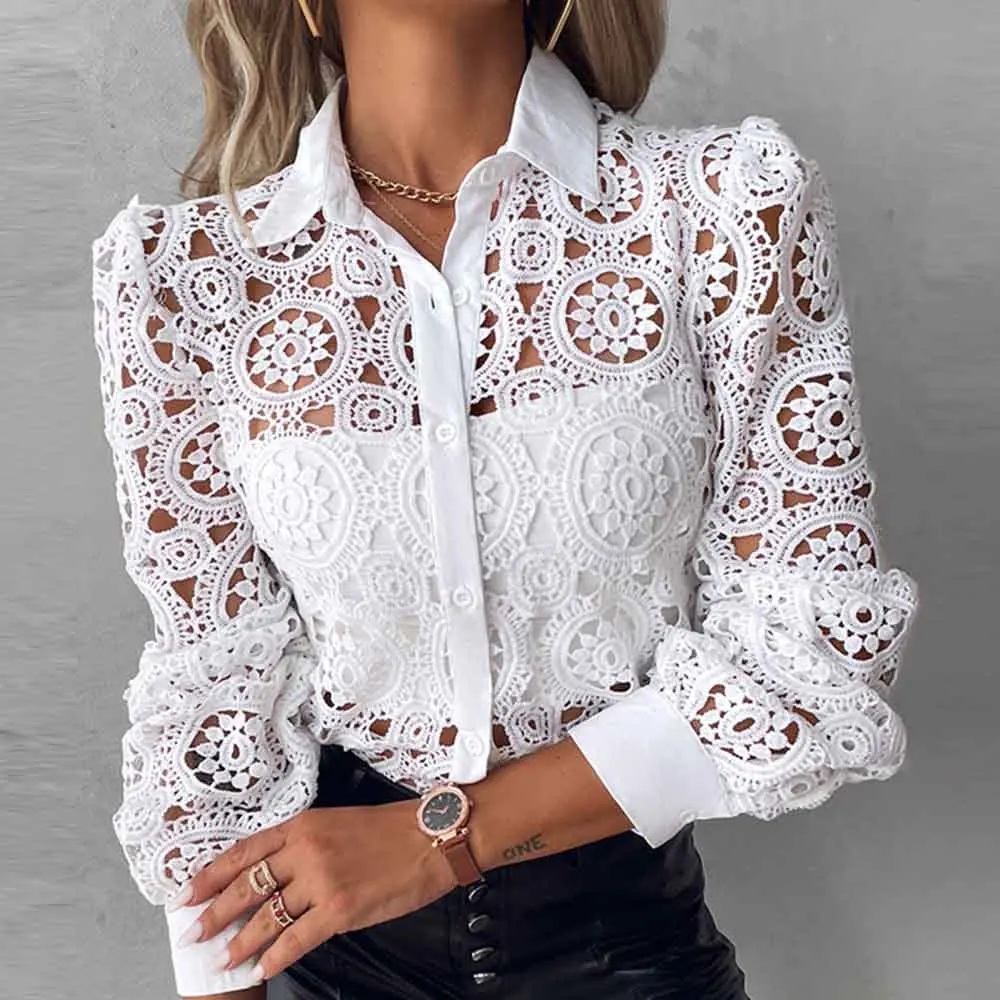 

blusas elegantes para mujer 2024 Women White Lace Shirt, Unlined Long Sleeved Shirt, Fashionable Hollowed Out Vintage Top