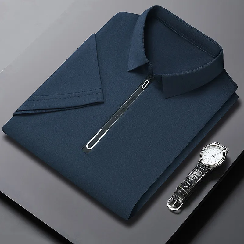 Neues Herren-Poloshirt mit Business-Casual-Reißverschluss, kurzärmelig, einfarbig, modisch, warm, bequem, vielseitiges Oberteil für vier Jahreszeiten – Detail 3