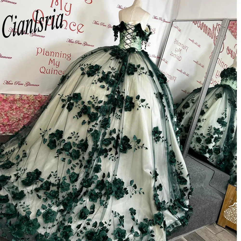 Green Ball Gown Quinceanera Dresses 3D Flowers Beads Lace Applique Sweet 15 16 Dress Party Wear Xv A&ntilde;os