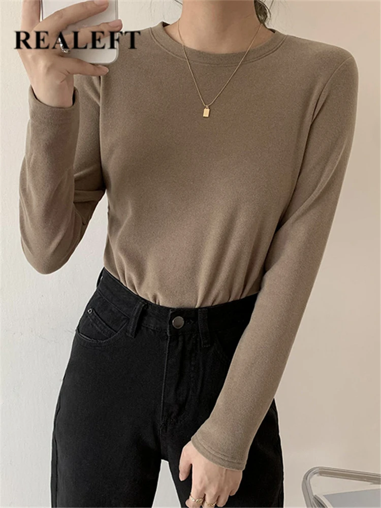 

REALEFT Autumn Winter Velvet Women's T-Shirts 2022 New Solid Color Long Sleeve O Neck Warm Casual Shirts Female Knitting Tops