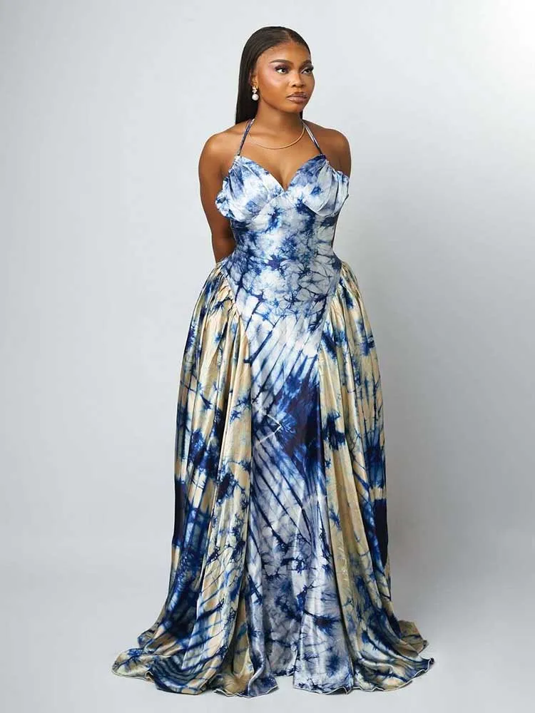 Long Halter Dress V Neck Summer Women Elegant Luxury Evening Dress Vintage  Slimming Blue Printed Sexy Dresses Backless - AliExpress 200000345