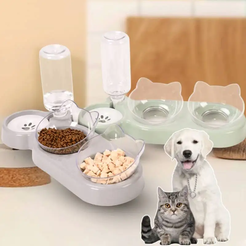 

Pet Cat Bowl Automatic Feeder Dog Cat Food Bowl with Water Fountain Double Bowl Neck Protection Anti-wet Raised Stand Dish Bowls