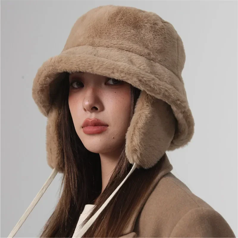 Fur Hat Winter Hat Bomber Winter Warm Bucket Hat for Women Golf Cap Hiking Hat Fur Barrel Cap Cotton Fabric Ear Protection