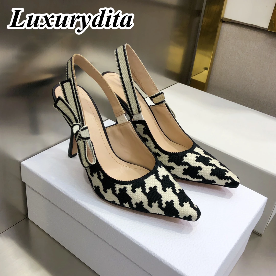 

LUXURYDITA Luxury Womens High Heel Sandal Casual Lace Fashion Embroidered Muller Flat Shoes Designer Silk Leather Soled XY140