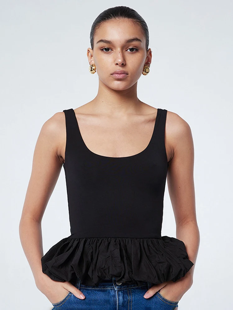 Ruffle Trim Women Tops Solid Concise All-matched Summer U-neck Backless Slim Crop Tanks Female Romantic Trend Streetwear
