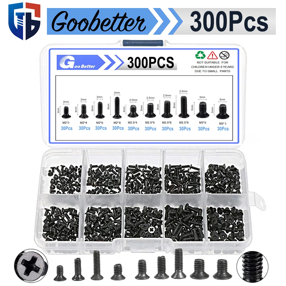 

300Pcs M2 M2.5 M3 Countersunk Flat Head Phillips Machine Screws Set Kit Computer Mini Screws