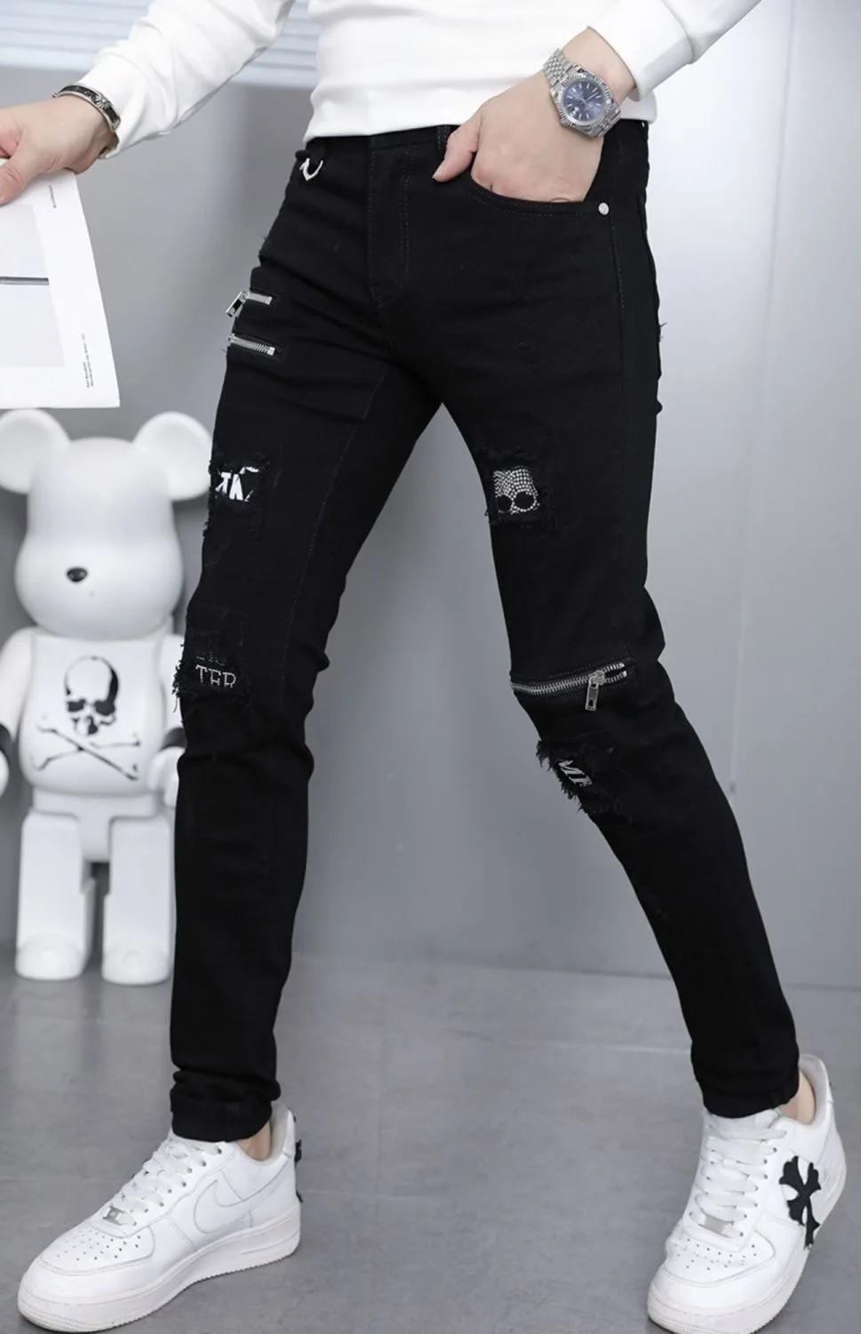 Black Straight Leg Ripped Jeans Back View
