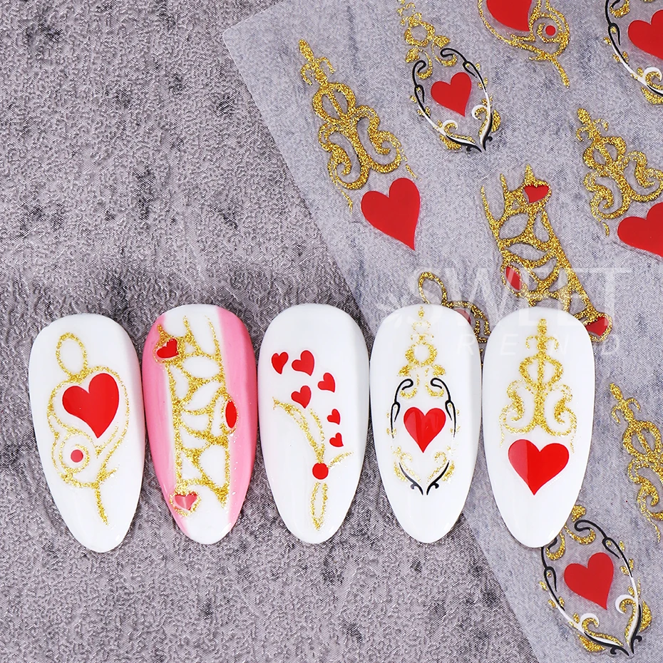 3pcs Valentine's Nail Stickers Red Love Heart Glitter Bronzing Line Self-adhesive Nail Decals Bohemian Style Manicure Decoration