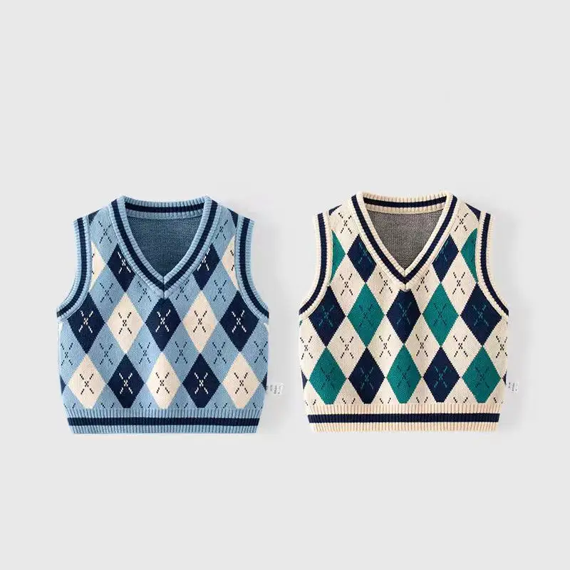

Checkered Baby Vest Tank Top Pure Cotton Class A Baby Vest Autumn And Winter Outwear British Style Boys' Vest Knitting
