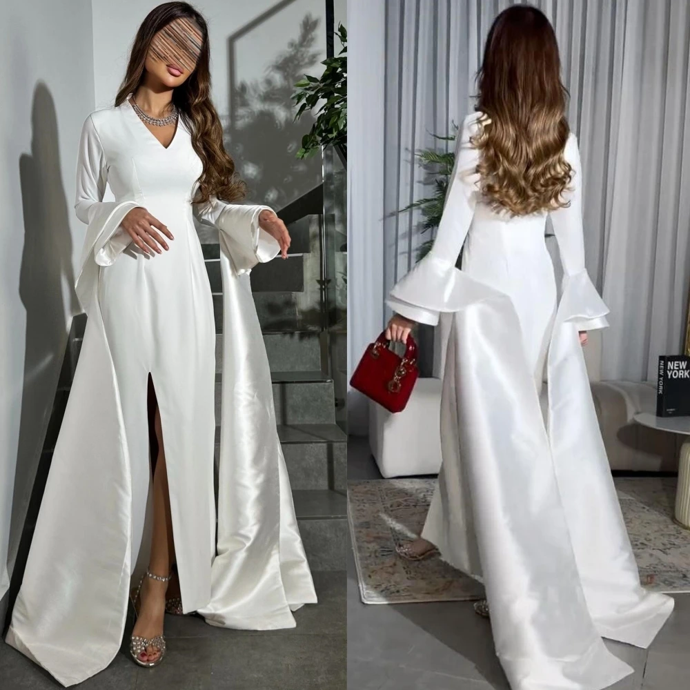 

Prom Dress Evening Charmeuse Ruffle Celebrity Sheath V-neck Bespoke Occasion Gown Midi Es Saudi Arabia