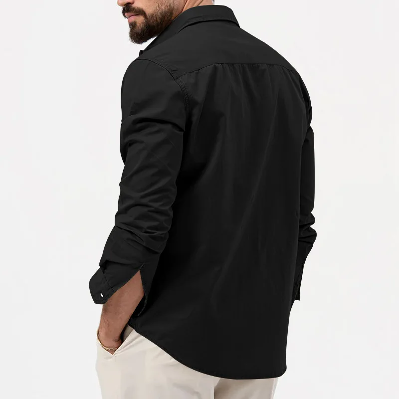 2024 summer Europe and the United States vintage cargo men's advanced multi-pocket solid color leisure sports long-sleeved shirt