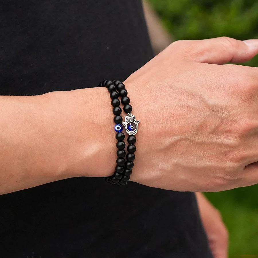 Men Beaded Bracelet Set with Evil Eyes and Fatima Hand