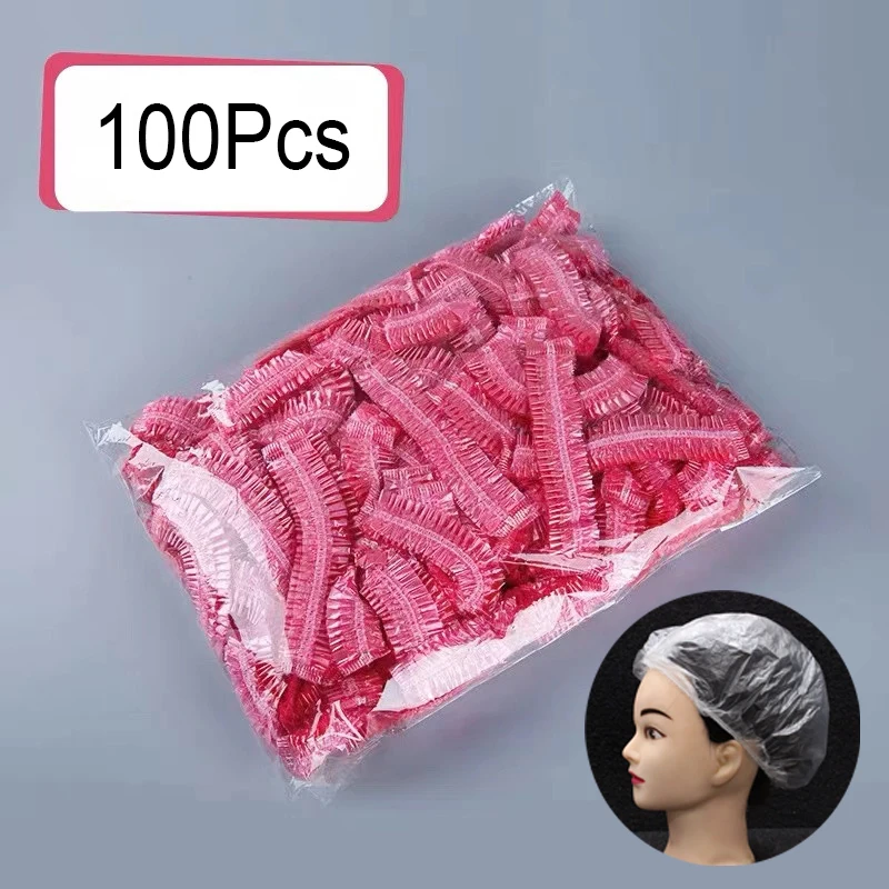 100pcs Disposable Plastic Hair Cap Women Waterproof Pink Spa Salon