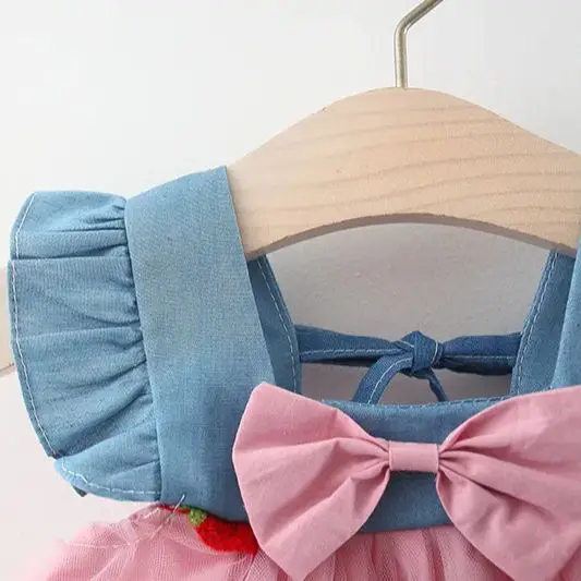 Girls Dress Summer Girls Dress Cute And Sweet Denim Mesh Strawberry Embroidered Princess Dress Party