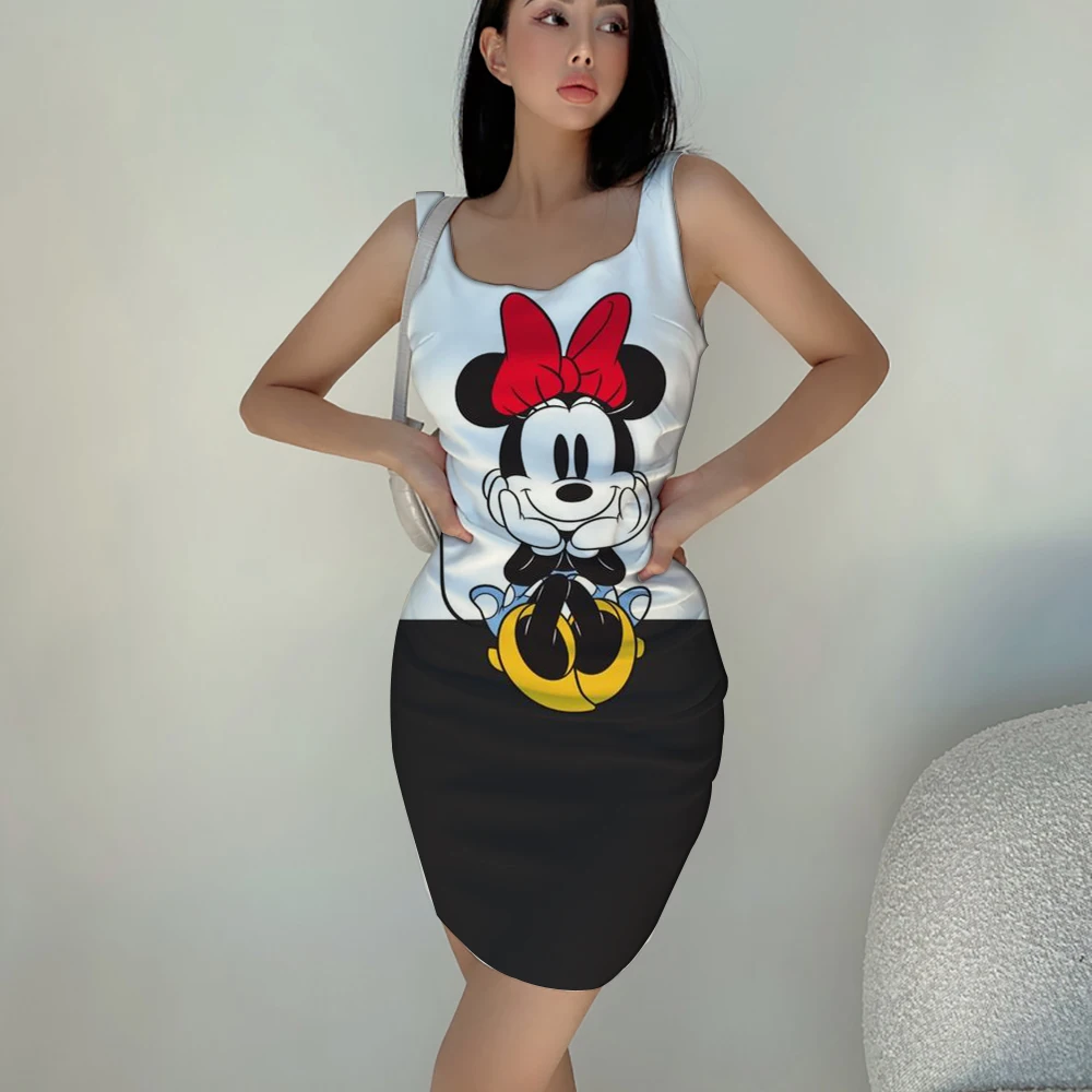 

Summer fashionable casual comfortable dress sexy figure-showing dress Minnie cartoon 3D printed short slim-fitting suspender dre