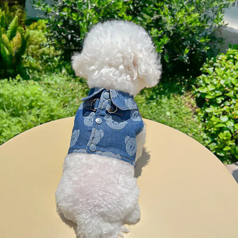 Denim Dog Harness And Collar Set With Leash, Cute Blue Puppy Vest_voghion.com