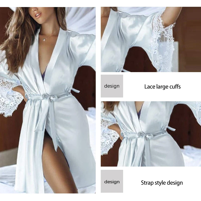 Summer New Fashion Deep V Neck Women's Sexy Lace Silk Pajamas Lace Cuffs Women's Sexy Nightgown Set With Belt