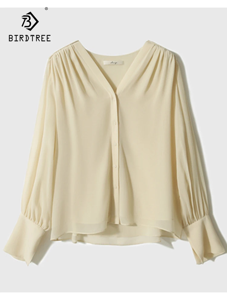 

Birdtree 100%Mulberry Silk Gentle Solid Color Shirt V-Neck Long Sleeve Double Layer Silk Elegant Shirt 2023 Autumn New T39755QC