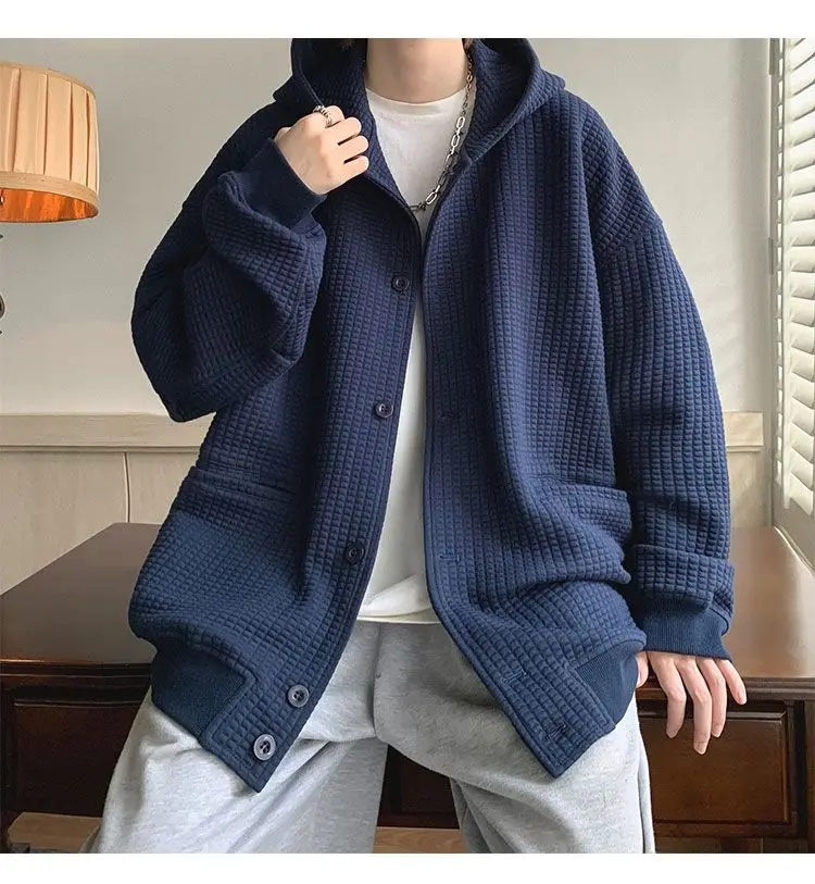 

Spring Autumn Winter Fashion Casual Cardigan Jacket Men's Loose Cool Boys Soft Solid Button Hoodie Knitted Waffle Coat