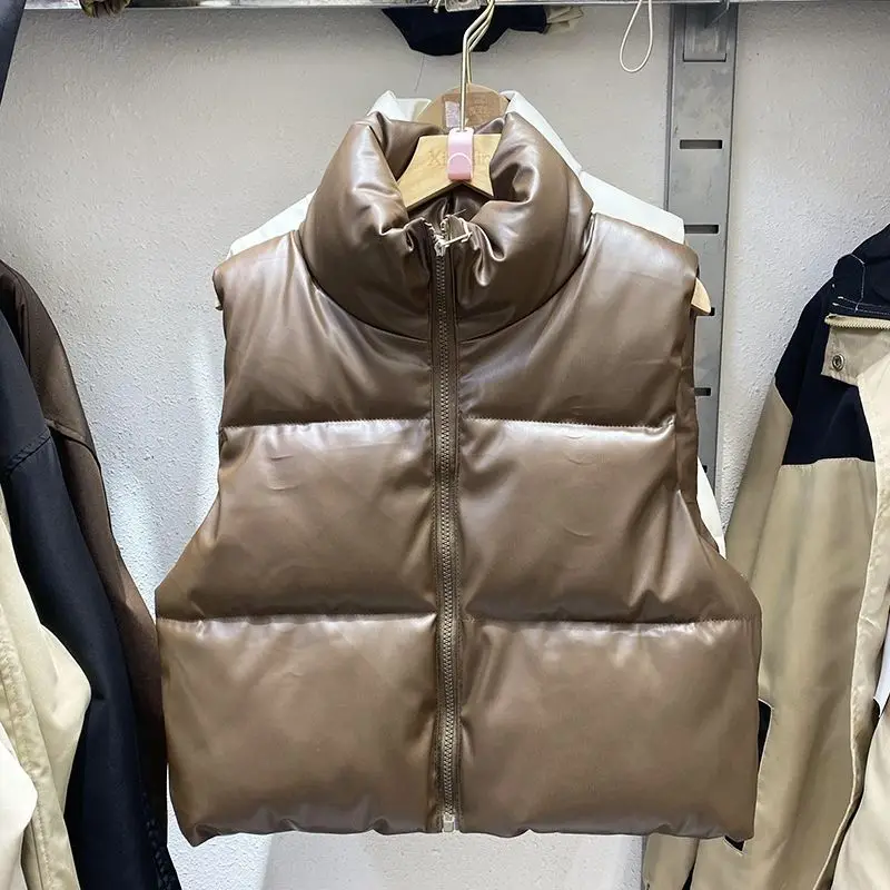 

PU Leather Coat Women Black Stand Collar Drawstring Vests Women Fashion Zipper Elegant Autumn Winter Short Vests Female Ladies