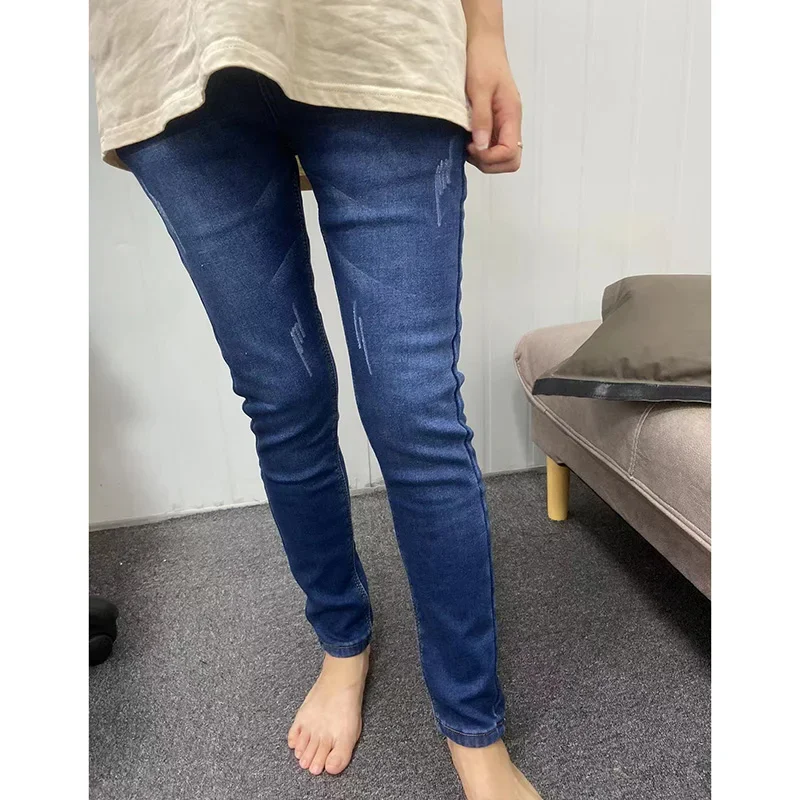 여성용 온열 청바지 겨울용 눈 따뜻한 봉제 스트레치 청바지 숙녀용 스키니 핏 두꺼운 플리스 데님 긴 바지 레트로 파란색 펜슬 바지