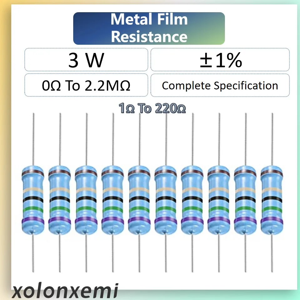 20pcs 3W Metal Film Resistor 1% Color Ring Resistan 1&Omega; 1.5&Omega; 2&Omega; 2.2&Omega; 3&Omega; 4.7&Omega; 8.2&Omega; 9.1&Omega; 10&Omega; 30&Omega; 33&Omega; 51&Omega; 68&Omega; 75&Omega; 82&Omega; 150&Omega; 200&Omega; Ohm