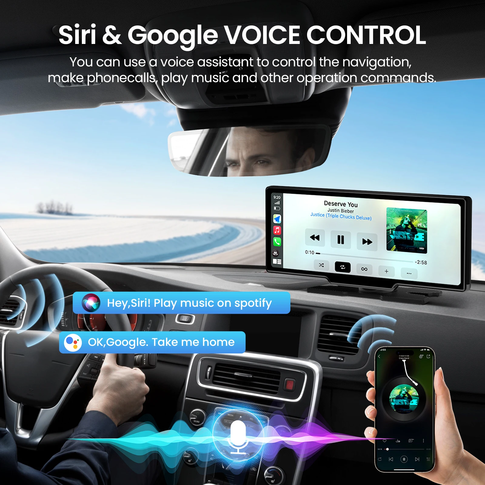 Wireless Carplay Screen 4K Dash Cam 1080P Backup Camera Android Auto GPS Airplay Mirror Link Easy Install 10.26"