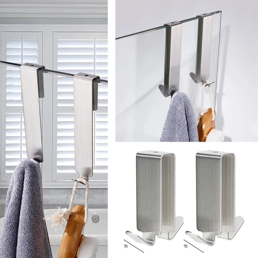 Bathroom Shower Door Hook Stainless Steel Over Glass Door Shower Towel Rack Bathrobe Hanger Holder Punch Free Wall Hooks 2